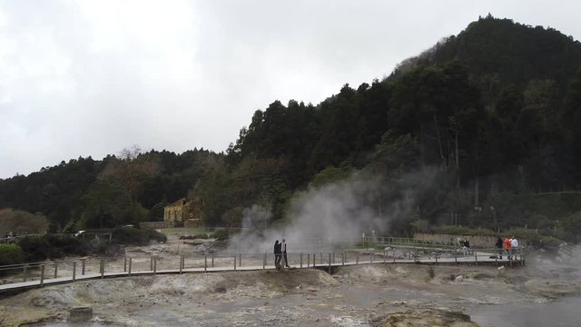 Boiling water and hot steam venting from Caldeiras in Furnas, Sao Miguel island, Azores, Portugal