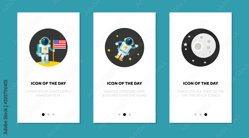Poster astronaut in space flat icon set. spaceman, universe, weightlessness isolated vector sign pack. cosm