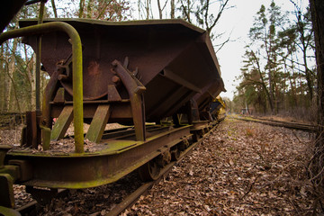 Old rusty wagons in a forest, abandoned, narrow-gauge railway, abandoned mine carts