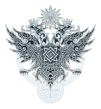 Two-headed eagle symbol. Heraldic eagle in ornaments for tattoo or designs
