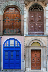 four old wooden doors trimmed with metal decorations from different cities of Europe