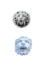 two gypsum sculpture lion head isolated on white background