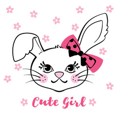 Cute bunny girl with bow and flowers isolated on white background.