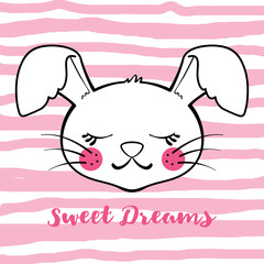Cute vector sleeping bunny on striped background.