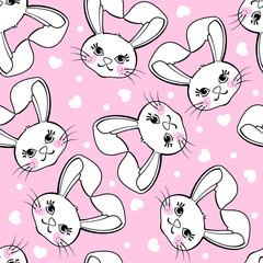 Seamless pattern with cute bunny and hearts on pink background.