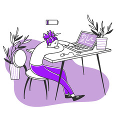 Tired exhausted office employee sleeping at computer. Depressed young woman with low battery leaning on desk. Vector illustration for burnout, stress, depression concept