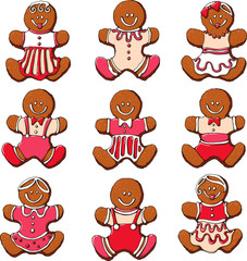 Vector set : different pretty gingerbread cookies look like girls and boys. Hand drawn traditional christmas food . Brown , with icing decor in white, red,pink colors. Elements for holiday design.