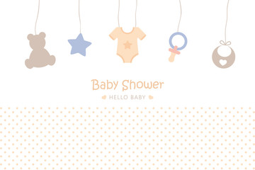 baby shower welcome greeting card for childbirth with hanging utensils vector illustration EPS10
