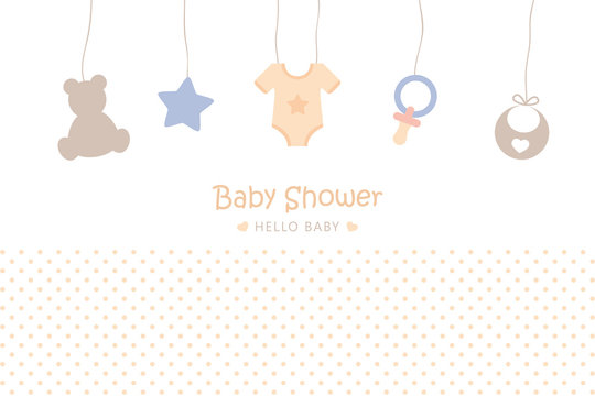 baby shower welcome greeting card for childbirth with hanging utensils vector illustration EPS10