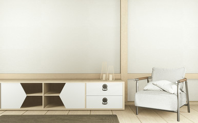 Fototapeta na wymiar Cabinet TV in white empty interior room Japanese-style, 3d rendering