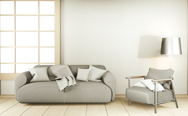 Modern Zen living room interior, white sofa and decor Japanese style on room white wall background. 3d rendering