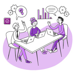 Professionals with laptops discussing project in meeting room. Office employees sharing ideas for project. Vector illustration for brainstorming, corporate discussion, startup concept