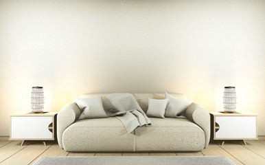 Modern Zen living room interior, white sofa and decor Japanese style on room white wall background. 3d rendering