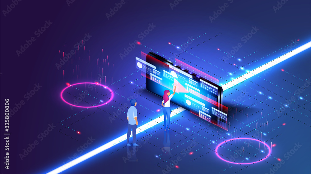 Fototapete modern isometric design concept of online education for website in modern blue style. data informati