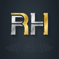 R and H - initials or gold and silver logo. RH - Metallic 3d icon or logotype template. Luxury Design element with lineart option.