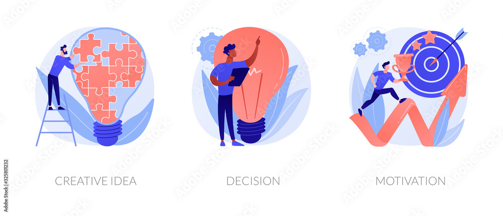 Poster innovative business strategy icons set. brainstorm, problem solution development, personal growth. c