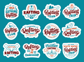 Set of Rafting stickers, patches. Colorful badges, emblems, stamps for club on blue background. - obrazy, fototapety, plakaty