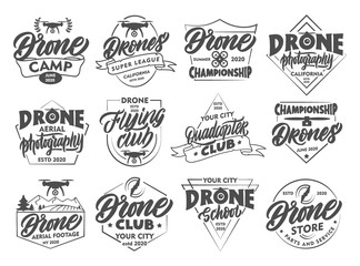 Set of vintage Drone emblems and stamps. Flying club badges, stickers on white background isolated. - obrazy, fototapety, plakaty