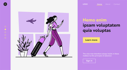 Female tourist walking in airport. Woman with smartphone and luggage flat vector illustration. Travel, trip, vacation concept for banner, website design or landing web page