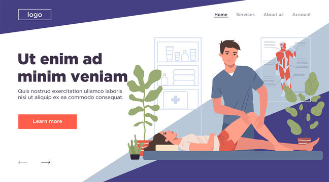 Massage therapist office. Man massaging woman leg and knee flat vector illustration. Sport massage, lifestyle, medicine concept for banner, website design or landing web page