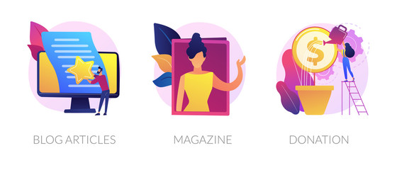Internet vlogging and copywriting web banners set. Print media. Money investment, business funding. Blog articles, press, donation metaphors. Vector isolated concept metaphor illustrations
