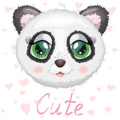 Cute panda cartoon girl face with bright expressive eyes with flowers and stars.