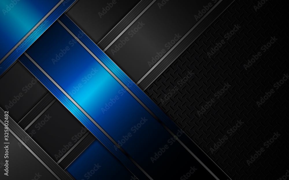 Poster abstract blue metallic shape texture on on black background style design. vector template for use el