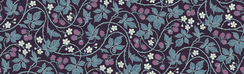 Floral botanical blackberry vines seamless repeating wallpaper pattern- calm and cool blue and purple version