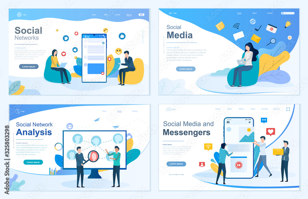 Poster set of four network web templates depicting people using digital devices and apps for social network
