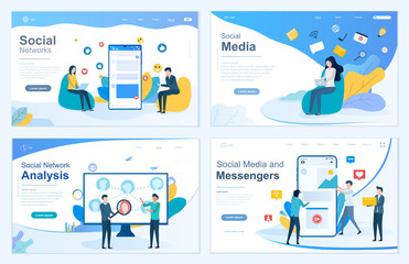Set of four Network web templates depicting people using digital devices and apps for Social Network, Media, Analysis and Messengers with text copy space, colored vector illustrations - obrazy, fototapety, plakaty