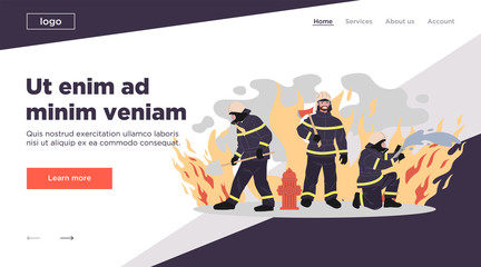 Firefighters vector illustration. Group of men in protective clothes with tools extinguishing fire. Firemen team for aid, safety, rescuing, training concept