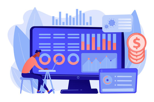 Data Analyst Consolidating Financial Information And Reports On Computer. Financial Data Management, Financial Software, Digital Data Report Concept. Pinkish Coral Bluevector Isolated Illustration