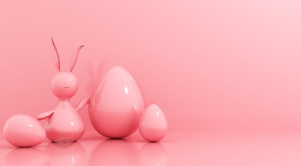 Fototapeta premium Happy Easter greeting card, template with bunny and eggs - 3d, render. Festive pink background with cute baby rabbit with copy space. Simple, minimalistic stylish illustration for holiday events.