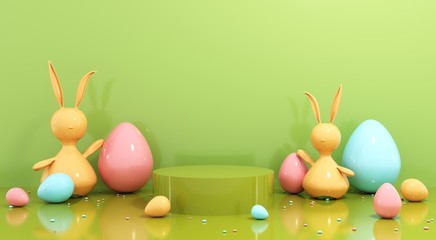 Happy Easter greeting card, template with bunny and eggs - 3d, render. Mock up podium, stand, platform for advertising product, goods. Festive bright background with cute baby rabbit with copy space. 