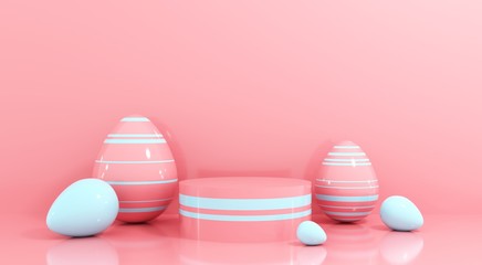 Happy Easter greeting card, template with eggs - 3d, render. Podium, stand, platform for advertising product, goods. Festive pink background with copy space - mock up. 