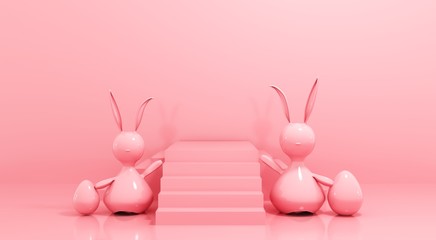 Happy Easter greeting card, template with bunny and eggs - 3d, render. Pink stairs, podium, platform for advertising product, goods. Festive pastel background with cute baby rabbit with copy space. 