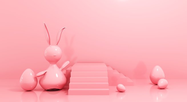 Happy Easter greeting card, template with bunny and eggs - 3d, render. Pink stairs, podium, platform for advertising product, goods. Festive pastel background with cute baby rabbit with copy space. 