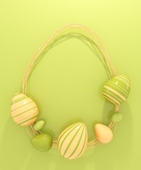 Happy Easter greeting card, template with  eggs - 3d, render. Simple, minimalistic stylish illustration for holiday events. Festive green background with copy space - mock up. 