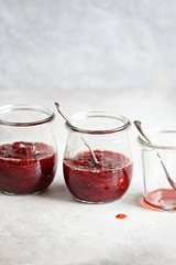 Strawberry marmelade. Homemade strawberry jam in glass jar and fresh strawberry. Copy space