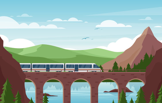 Speed Train On Stone Bridge Flat Vector Illustration. Modern Railroad Vehicle On Scenic Background. Beautiful Landscape With Contemporary Public Transport, Green Hills And Mountains. Railway Travel.