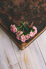 Vintage books with bouquet of flowers/ nostalgic vintage background