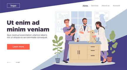 Veterinary office vector illustration. Happy friendly pets doctors examining cat and dog. Veterinarian specialists in clinic interior for domestic animals concept