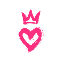 Hand drawn in ink heart and crown. Grunge style vector sketch, illustration. Graffiti logo painted with rough brush strokes.