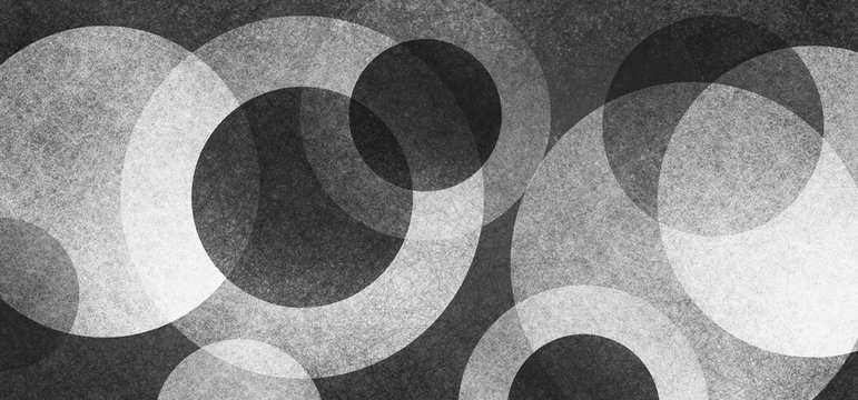 Abstract black and white background with texture and layers of rings and circles in modern art style design
