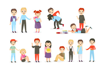 School bullying flat vector illustrations set. Physical and psychological abuse, classroom conflicts. Fighting children, teasing pupils cartoon characters collection isolated on white background.