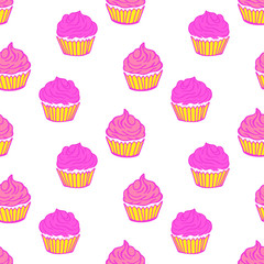 Cupcake seamless pattern with white background. Colorful cupcakes vector illustration. Yummy desserts.