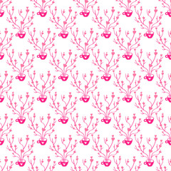 Seamless Pattern for Valentines Day design. Branches with hearts come out of a cup. Hand drawn love and romance theme background. Elegant vector illustration.