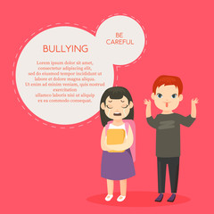 Bullying vector banner template with text space. Psychological abuse, school conflict flat illustration. Schoolchildren, teasing boy and crying girl cartoon characters isolated on pink background.