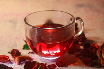 Red Hot Hibiscus tea in a glass mug