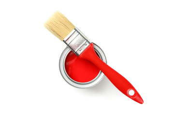 Red paint and brush isolated on white background